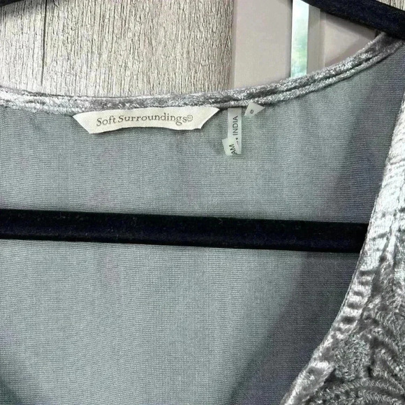 Soft Surroundings Dress Small Short Sleeve Crushed Velvet Embroidered Boho Gray - Picture 2 of 6